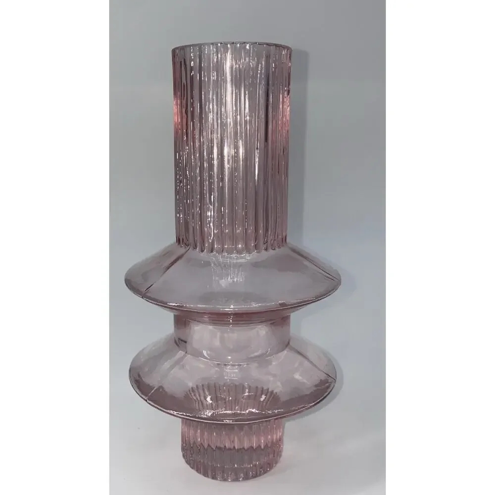 Vintage pink glass vase unusual shape fluted stem 9” Tall
